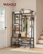 Hall tree styled in an entryway with coats, bags and shoes on the racks