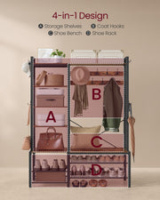 Labelled diagram showing the 4-in-1 design: storage shelves, coat hooks, shoe bench and shoe rack