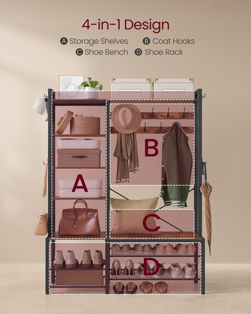 Labelled diagram showing the 4-in-1 design: storage shelves, coat hooks, shoe bench and shoe rack