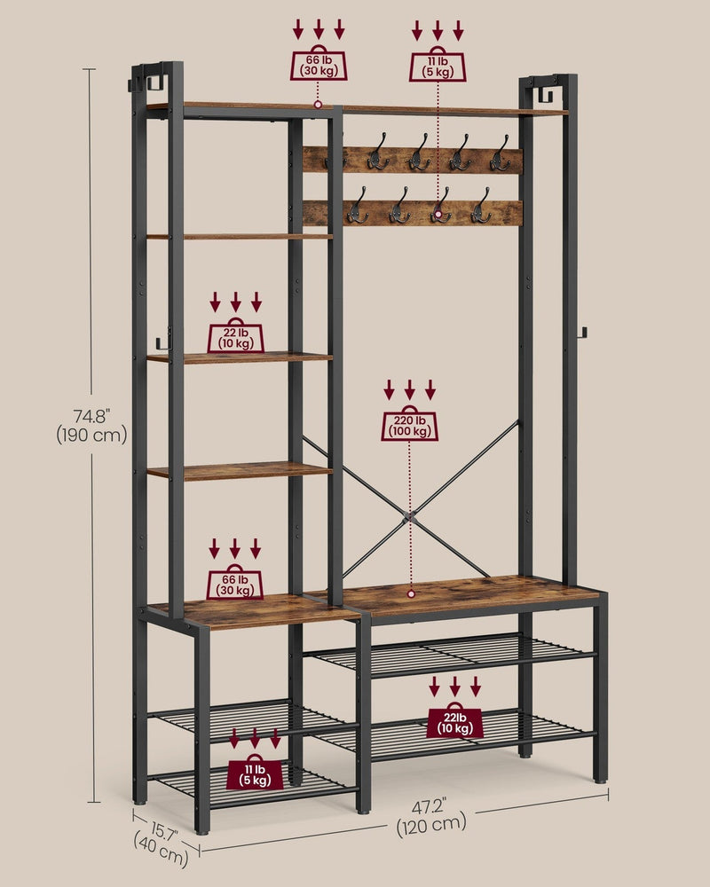 Dimensions diagram showing the unit at 190 cm tall, 120 cm wide and 40 cm deep with weight limits