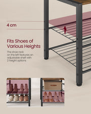 Close-up of the adjustable shoe shelf holding shoes of different heights