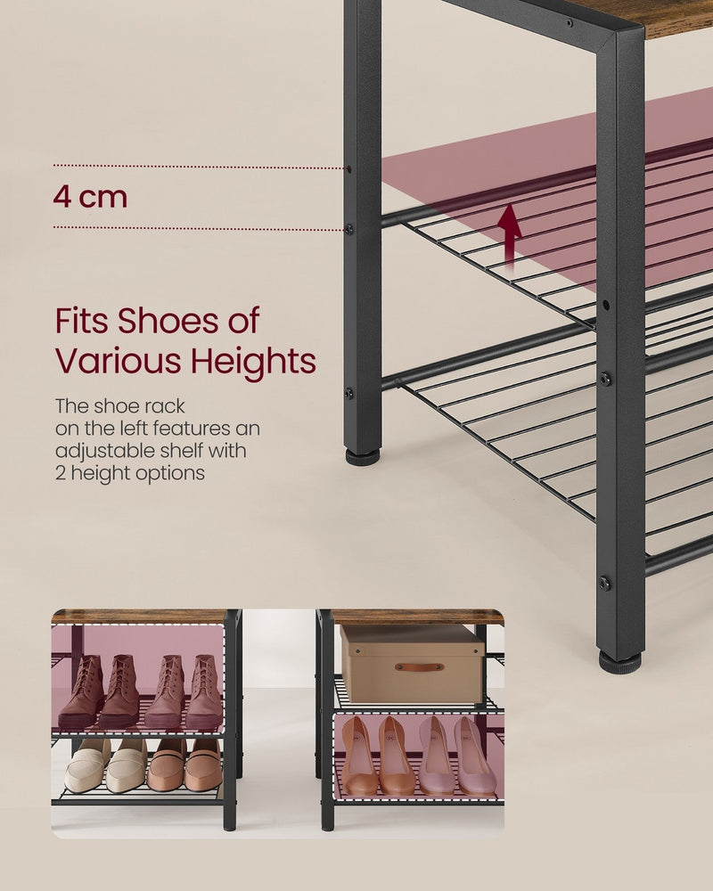 Close-up of the adjustable shoe shelf holding shoes of different heights