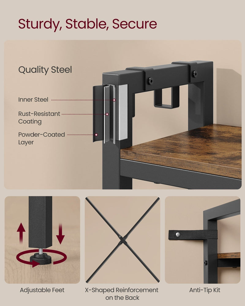 Close-up of the steel frame layers, adjustable feet, X-brace and anti-tip strap