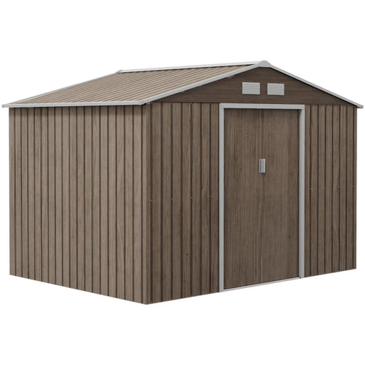 Image of a brown 9 by 6 foot metal garden shed with real wood effect panelling