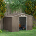 Image of a brown 9 by 6 foot metal garden shed with real wood effect panelling