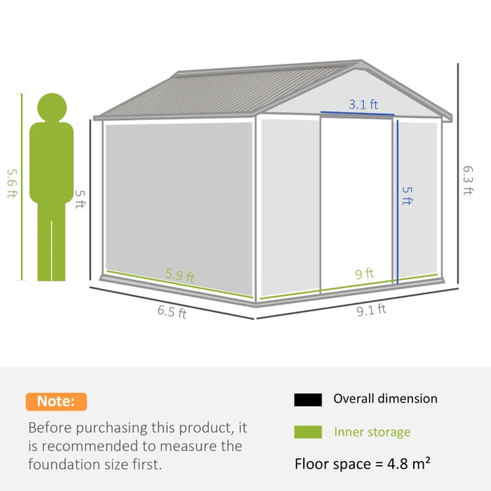 Image of a brown 9 by 6 foot metal garden shed with real wood effect panelling