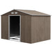 Image of a brown 9 by 6 foot metal garden shed with real wood effect panelling