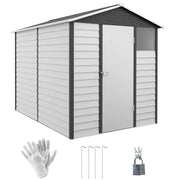 Image of a 9 by 6 foot white metal garden shed with attractive panelling and an apex roof 