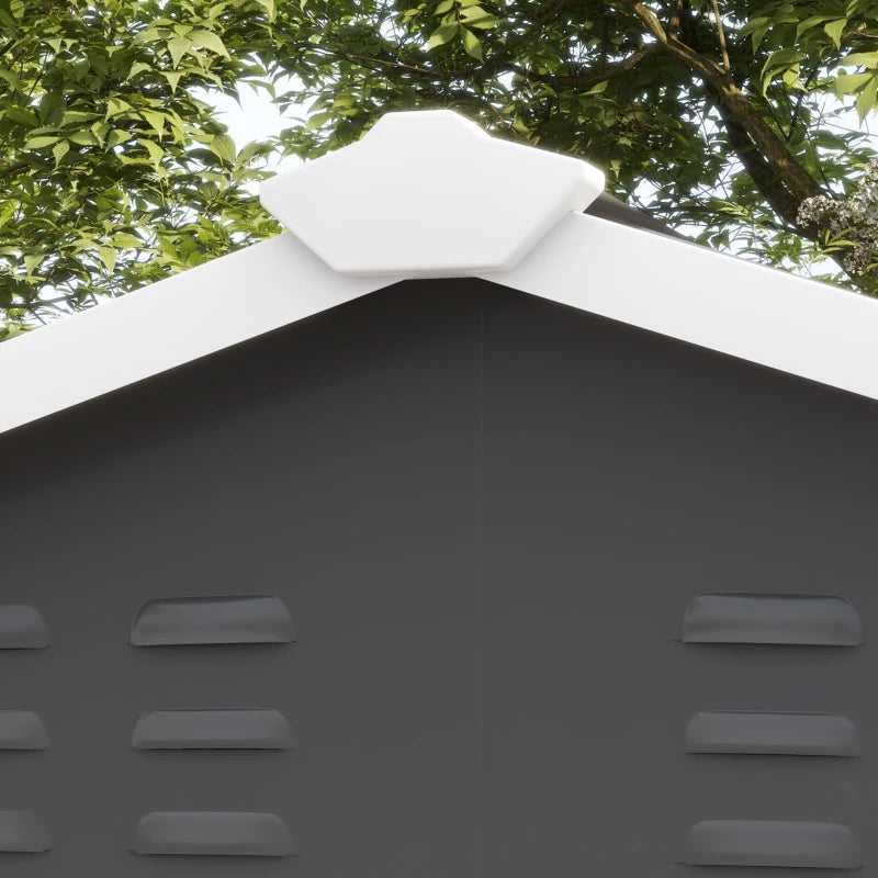 Image of a 9 by 6 foot white metal garden shed with attractive panelling and an apex roof 