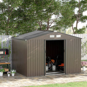 Image of a brown 9 x 6 foot metal garden shed with an apex roof and double doors