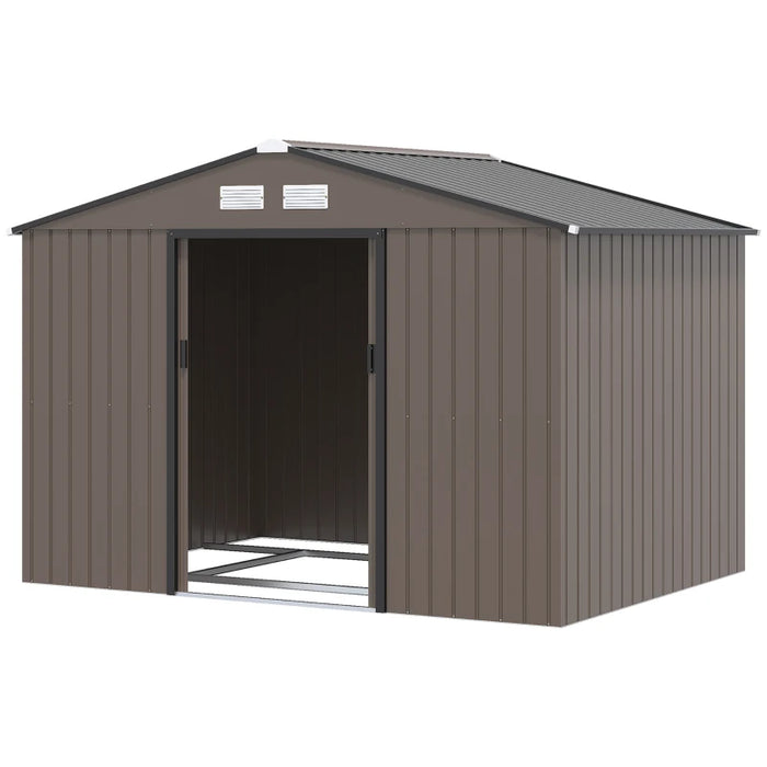 Image of a brown 9 x 6 foot metal garden shed with an apex roof and double doors