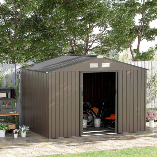 Image of a brown 9 x 6 foot metal garden shed with an apex roof and double doors