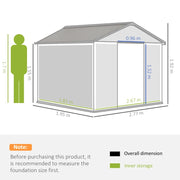 Image of a brown 9 x 6 foot metal garden shed with an apex roof and double doors