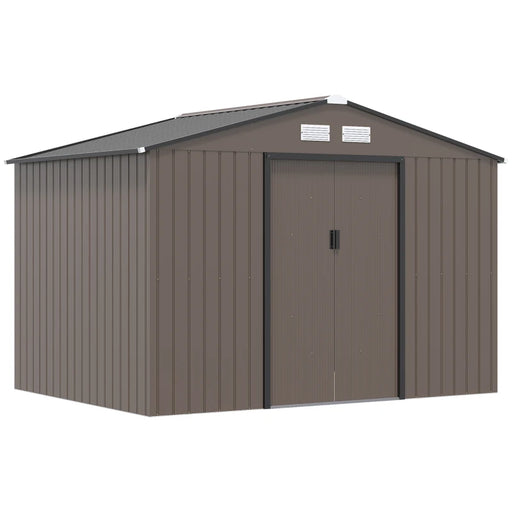 Image of a brown 9 x 6 foot metal garden shed with an apex roof and double doors 