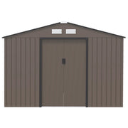 Image of a brown 9 x 6 foot metal garden shed with an apex roof and double doors