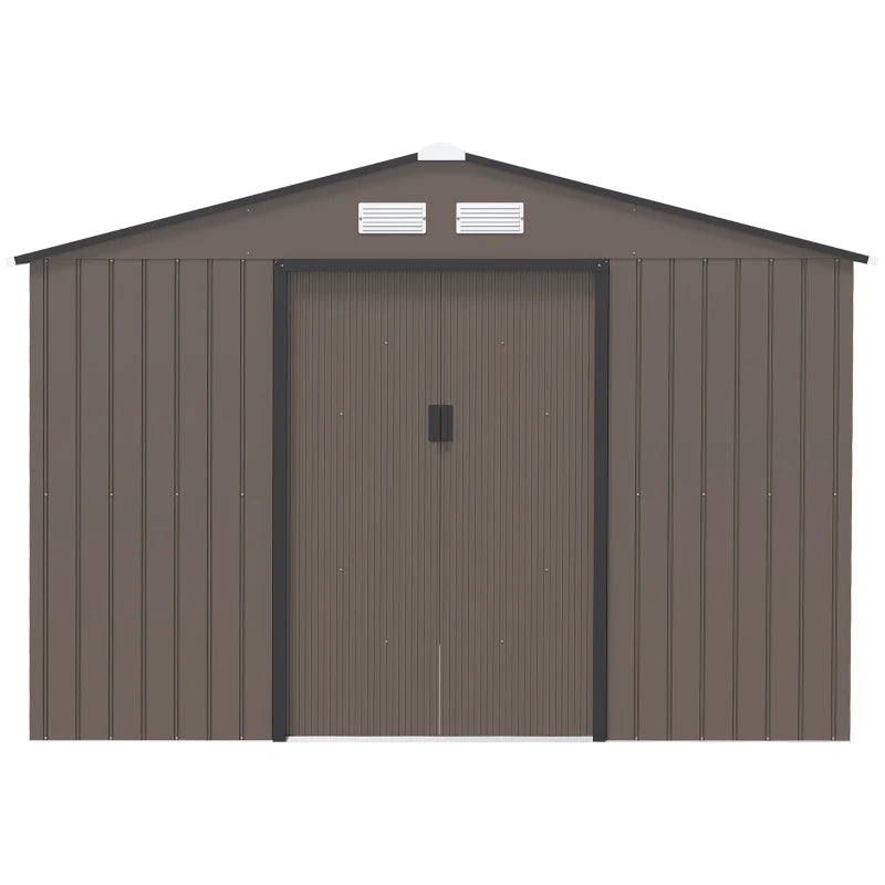 Image of a brown 9 x 6 foot metal garden shed with an apex roof and double doors