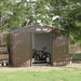 Image of a brown 9 x 6 foot metal garden shed with an apex roof and double doors