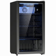 Black 90L drinks fridge with glass door, blue LED light and digital display
