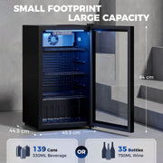 Drinks fridge with door open showing 45.5 x 44.5 x 84 cm dimensions and 139 can or 35 bottle capacity