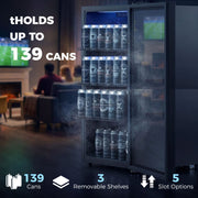 Drinks fridge door open filled with cans, with 139 can capacity and 3 removable shelves graphic