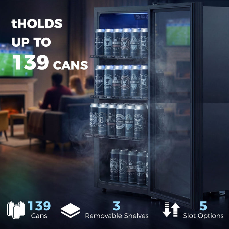 Drinks fridge door open filled with cans, with 139 can capacity and 3 removable shelves graphic