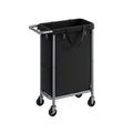 Studio shot of the Songmics 90L black laundry basket on a wheeled steel frame