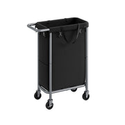 Studio shot of the Songmics 90L black laundry basket on a wheeled steel frame