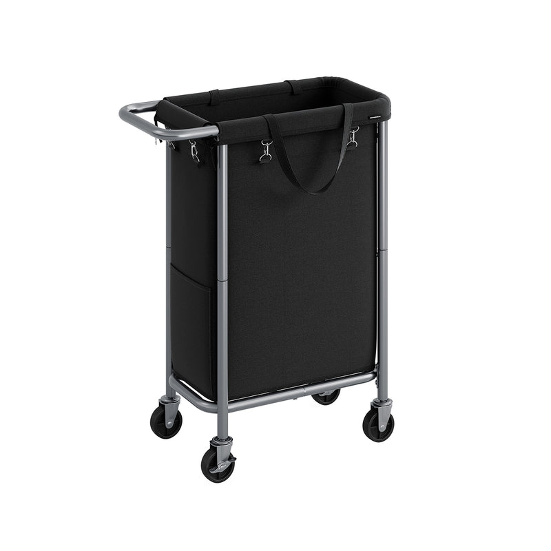 Studio shot of the Songmics 90L black laundry basket on a wheeled steel frame
