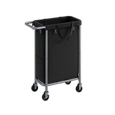 Studio shot of the Songmics 90L black laundry basket on a wheeled steel frame