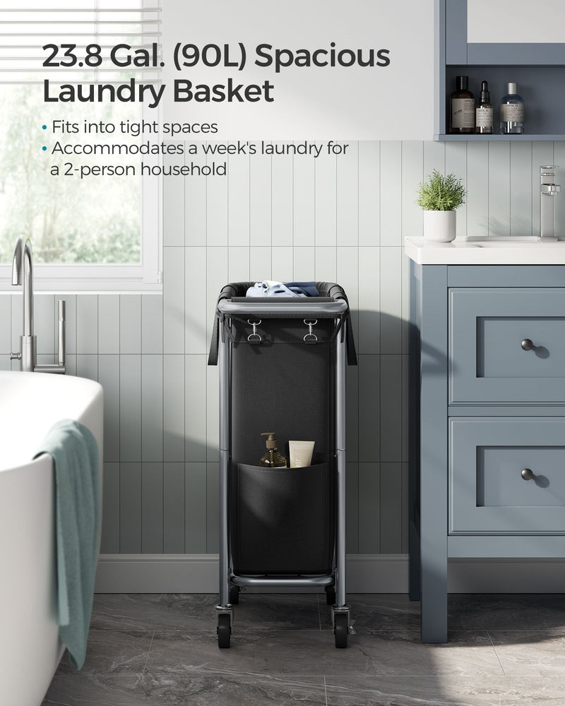 Laundry basket styled in a bathroom, sized for a 2-person household's weekly wash