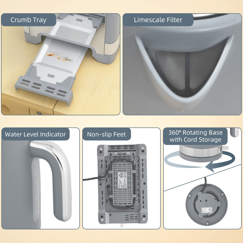 2 Piece Textured Kettle and Toaster Set With Fast Boil and Even Toasting Grey