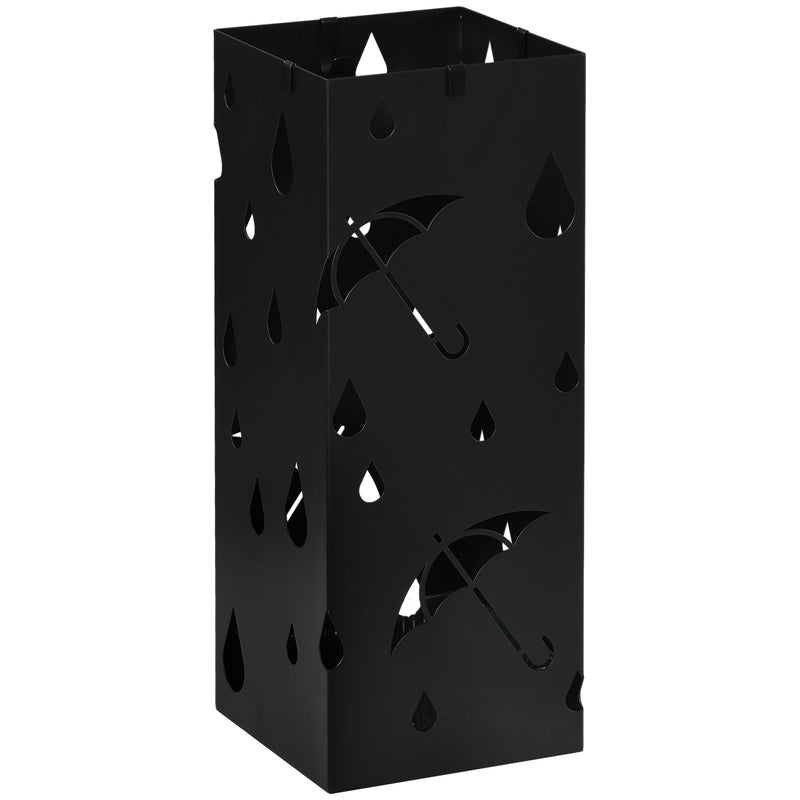 Steel Umbrella Stand with Removable Drip Tray and Hooks for Hallway Storage, Black