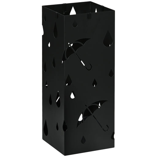 Steel Umbrella Stand with Removable Drip Tray and Hooks for Hallway Storage, Black