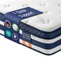 Close-up corner shot of the Vasagle mattress showing the 7-zone support label and CertiPUR-US and Oeko-Tex certification badges