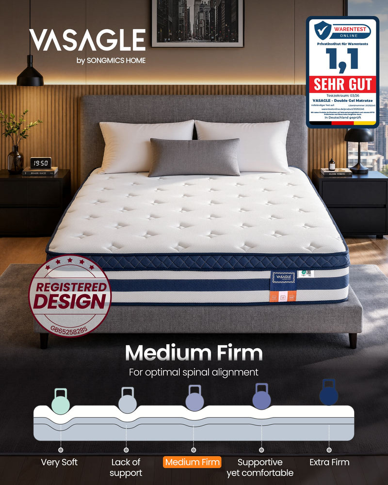 Lifestyle bedroom shot of the mattress with a firmness scale showing its medium-firm rating