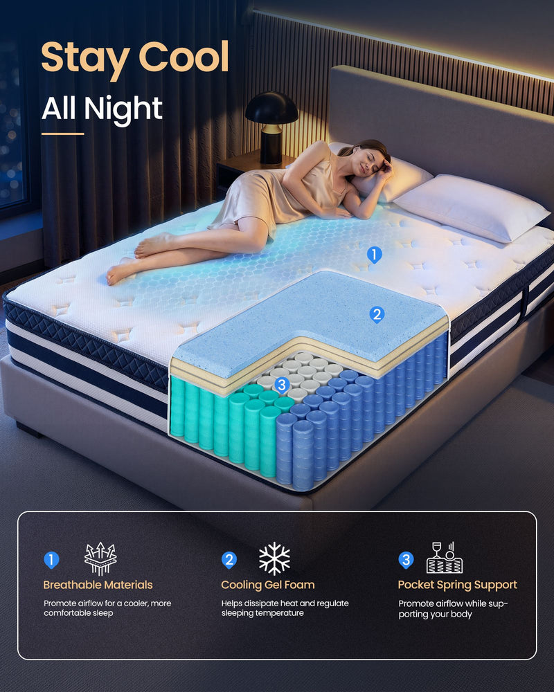 Lifestyle shot highlighting the breathable cover and cooling gel foam layer for a cooler night's sleep