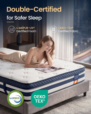 Lifestyle shot of a woman relaxing on the mattress with CertiPUR-US and Oeko-Tex certification badges