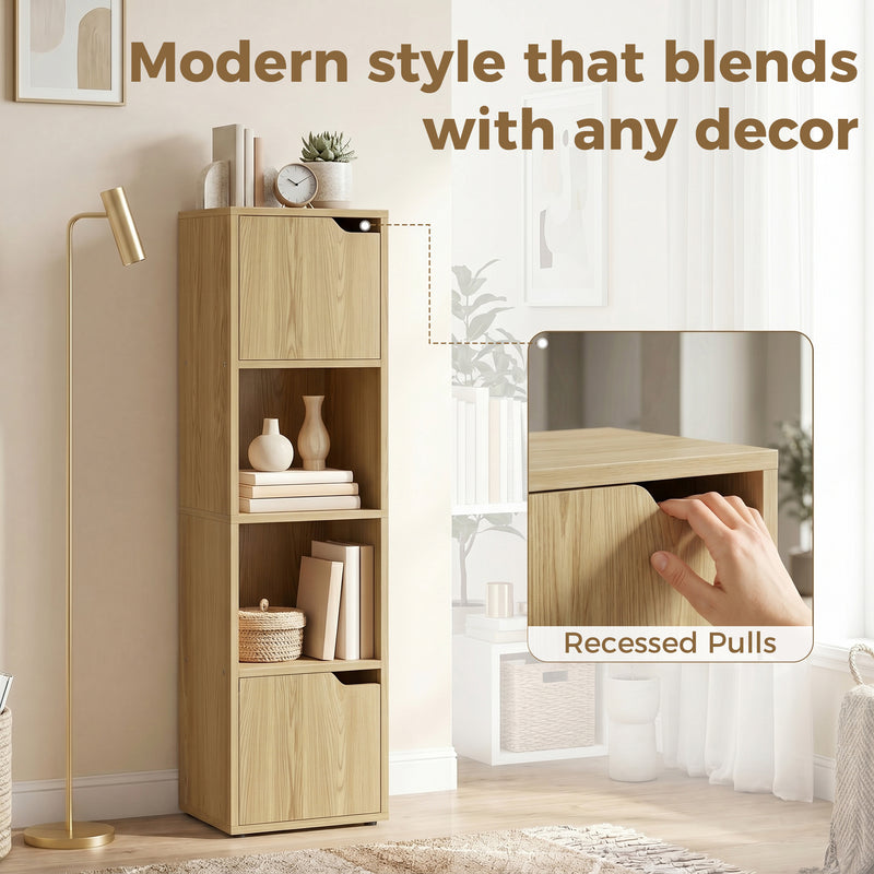 Slim Corner Bookcase with Shelves and Cabinets for Small Spaces Oak