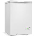 White 91L chest freezer, front three-quarter studio view
