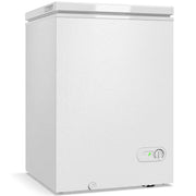 White 91L chest freezer, front three-quarter studio view
