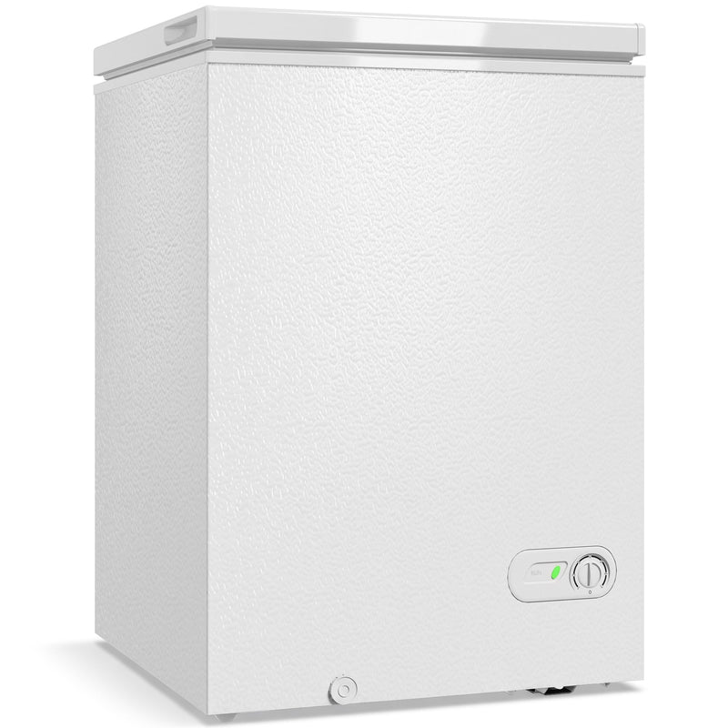 White 91L chest freezer, front three-quarter studio view