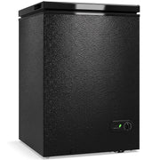 Black 91L chest freezer, front three-quarter studio view