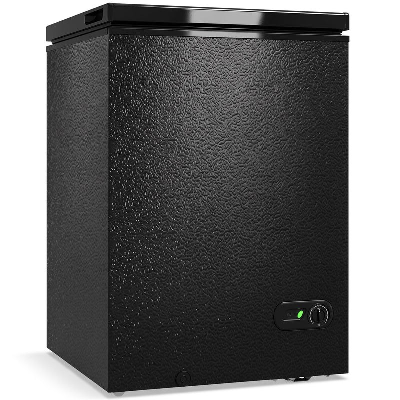 Black 91L chest freezer, front three-quarter studio view