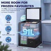 Infographic of the black chest freezer showing 91L capacity and 90 degree top-opening lid