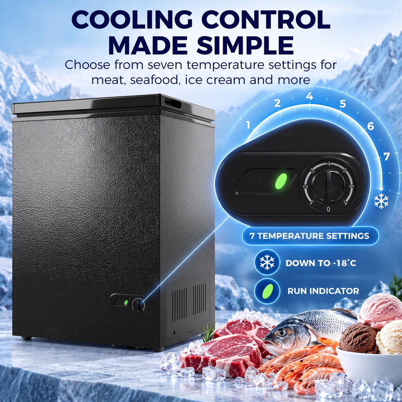 Infographic of the black chest freezer's 7 temperature settings, cooling down to -18°C