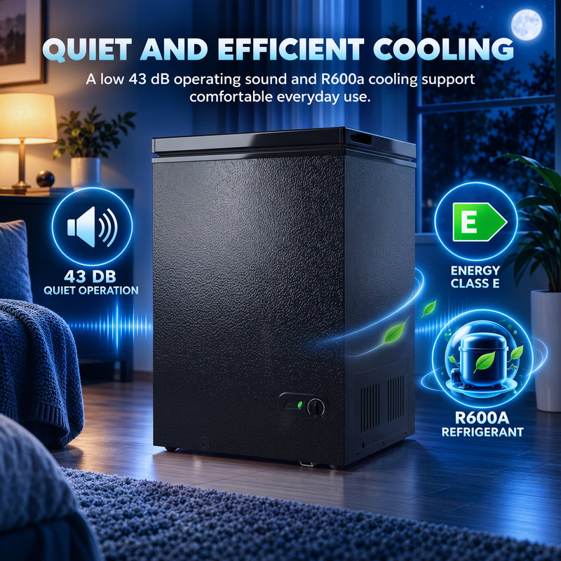Infographic of the black chest freezer showing 43 dB quiet running, energy class E and R600a refrigerant