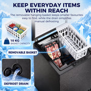 Open black chest freezer showing the removable basket with a 10 kg capacity and the defrost drain