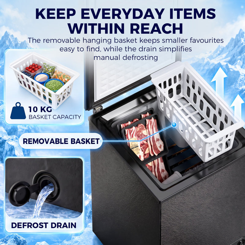 Open black chest freezer showing the removable basket with a 10 kg capacity and the defrost drain