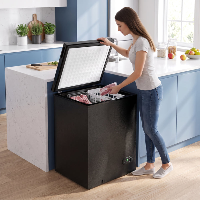 Woman loading food into the open black chest freezer in a kitchen