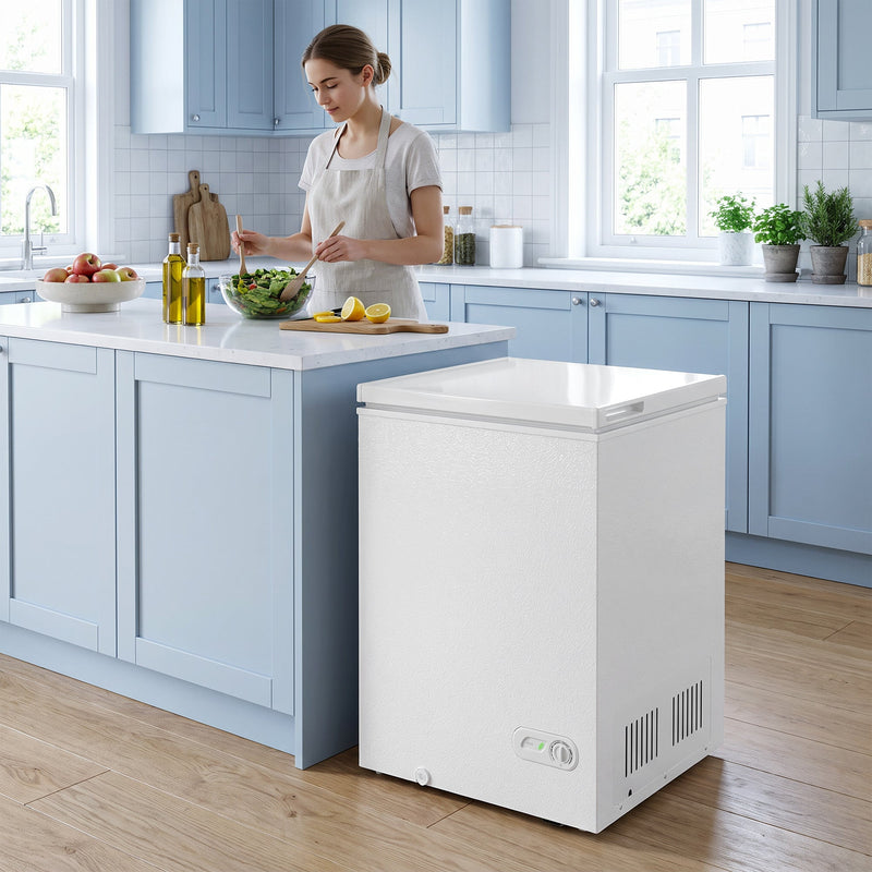 White chest freezer beside a kitchen island while a woman prepares a salad